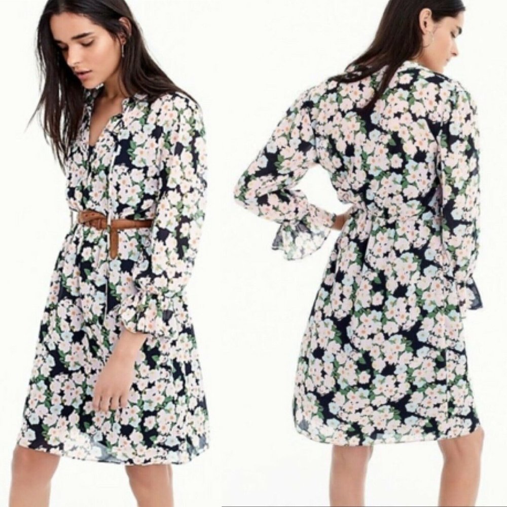 J Crew Sheer Long Sleeves Classic Dress High Neck Ruffle Cuffs Floral Print